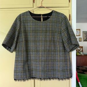 Banana Republic Plaid Short Sleeve Top with Lace Trim - Gray/Olive